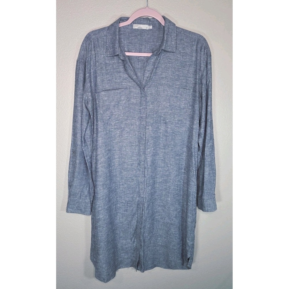 prAna Chambray Shirt Dress Hemp Blend Blue Long Sleeve Button Front Size M